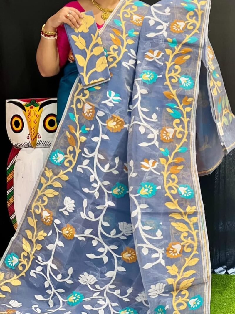 Lota Soft Grey Blue Jamdani Saree