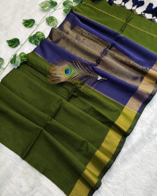 Maheshwari Soft Camo Green Cotton Silk Saree