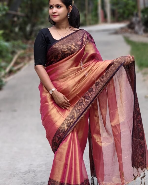 Marigold Dark Rose Soft Tissu Cotton Silk Sari