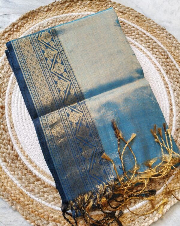 Marigold Dull Blue Soft Tissu Cotton Silk Sari