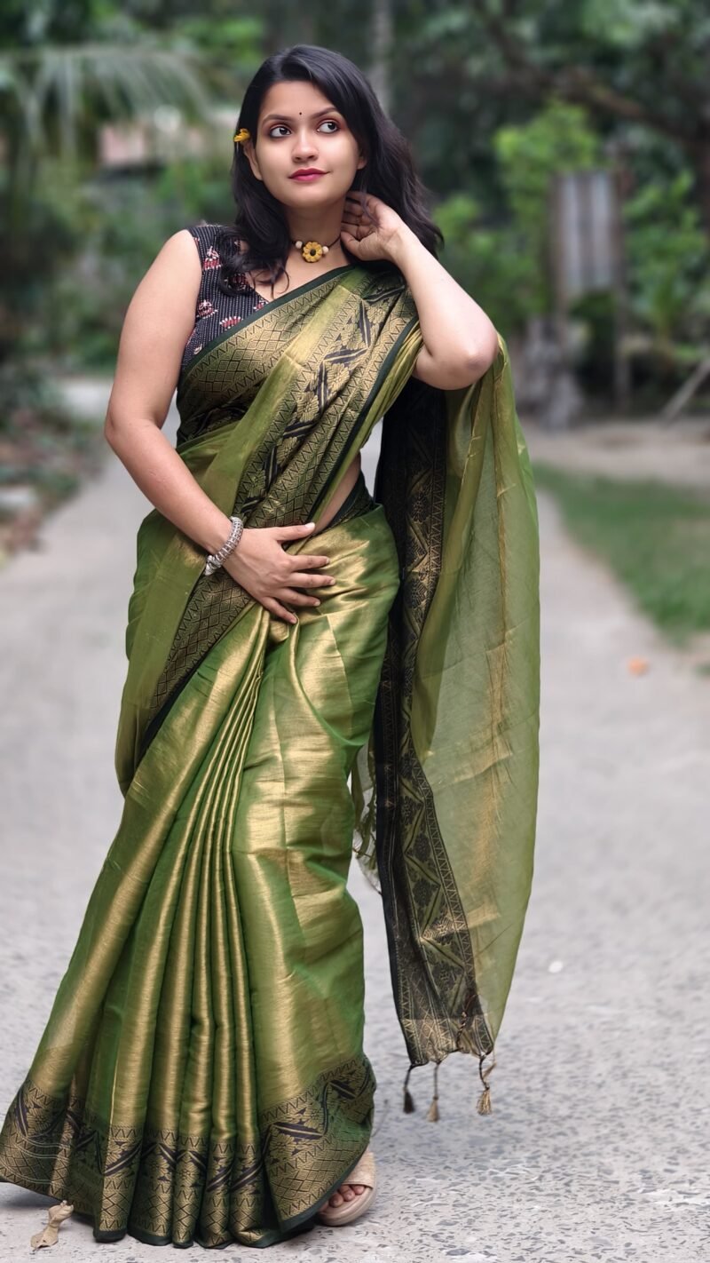 Marigold Muddy Green Soft Tissu Cotton Silk Sari