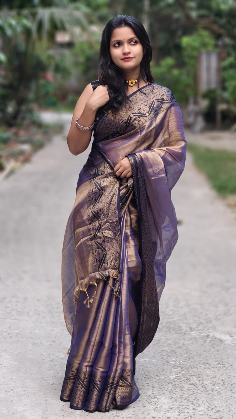 Marigold Purple Grey Soft Tissu Cotton Silk Sari