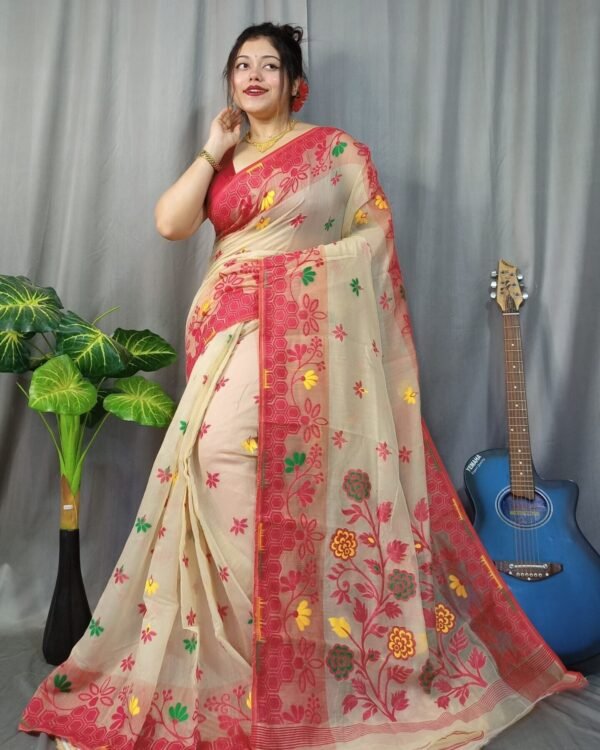 Marigold Soft Almond Dhakai Jamdani Saree