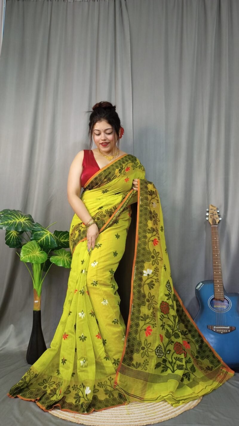 Marigold Soft Brass Dhakai Jamdani Saree - Image 3
