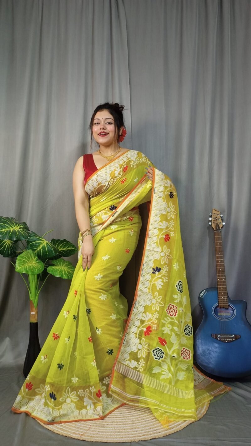 Marigold Soft Brass Dhakai Jamdani Sari - Image 2