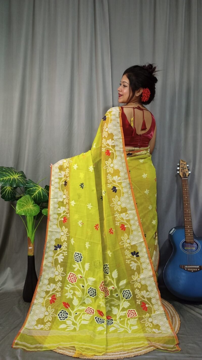 Marigold Soft Brass Dhakai Jamdani Sari - Image 3