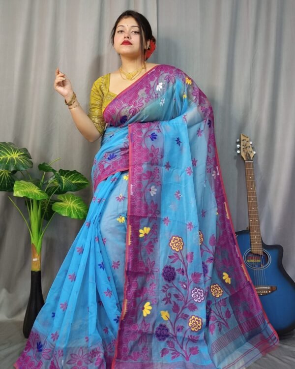 Marigold Soft Denim Blue Dhakai Jamdani Saree