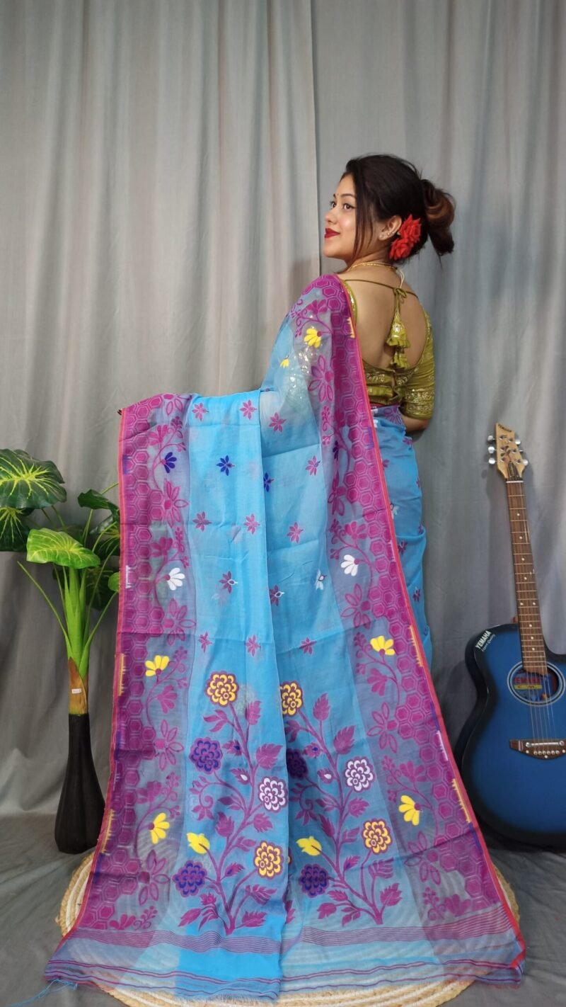 Marigold Soft Denim Blue Dhakai Jamdani Saree - Image 2