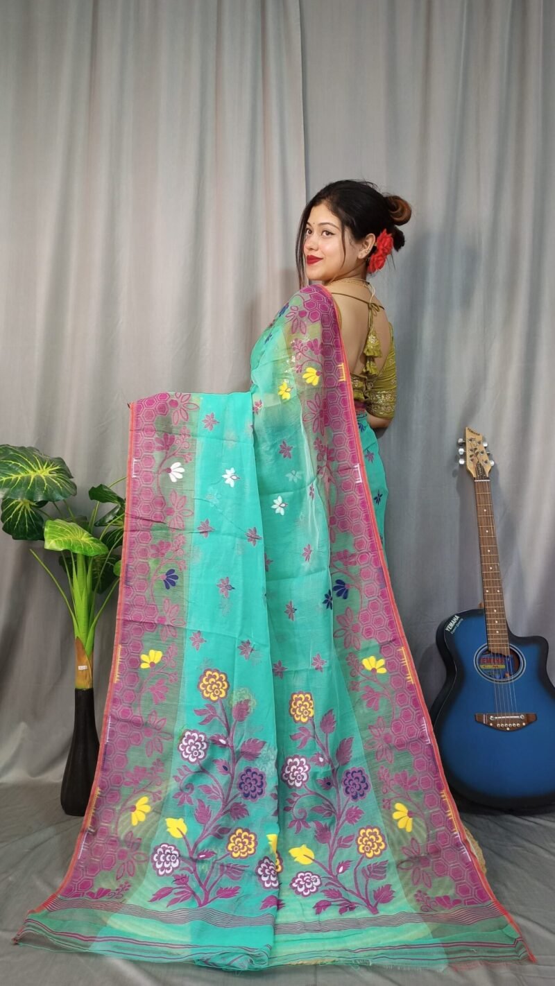 Marigold Soft Greeny Blue Dhakai Jamdani Saree - Image 3