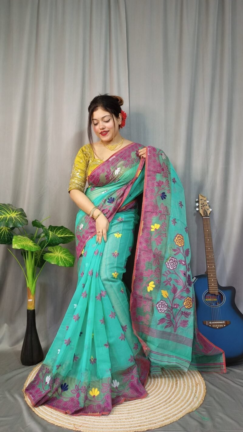 Marigold Soft Greeny Blue Dhakai Jamdani Saree - Image 2