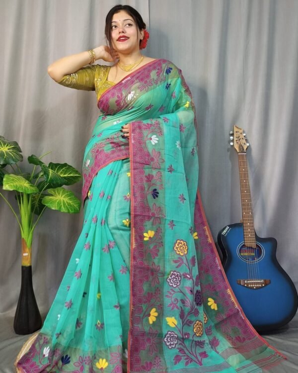 Marigold Soft Greeny Blue Dhakai Jamdani Saree