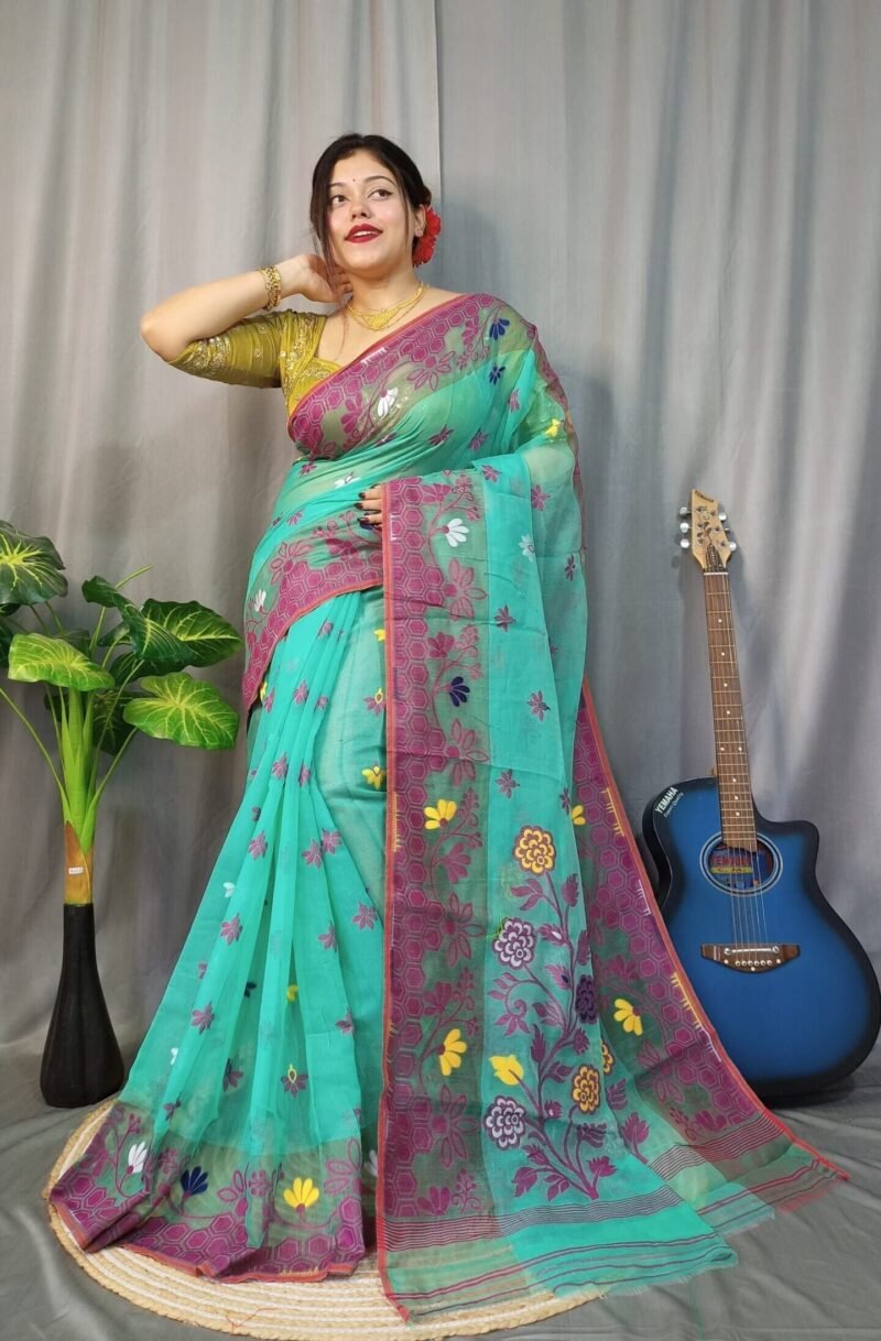 Marigold Soft Greeny Blue Dhakai Jamdani Saree