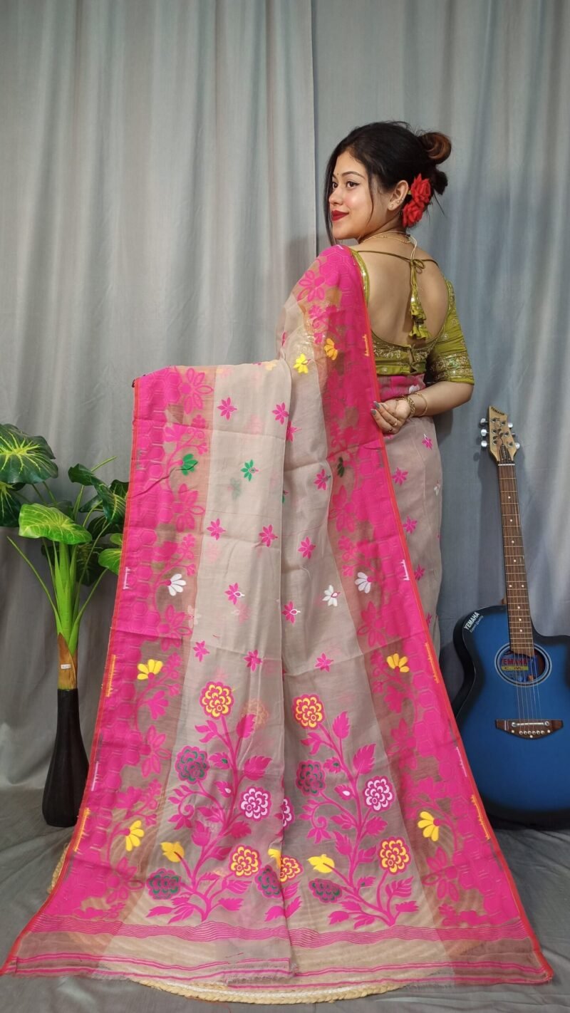Marigold Soft Mushroom Dhakai Jamdani Saree - Image 2
