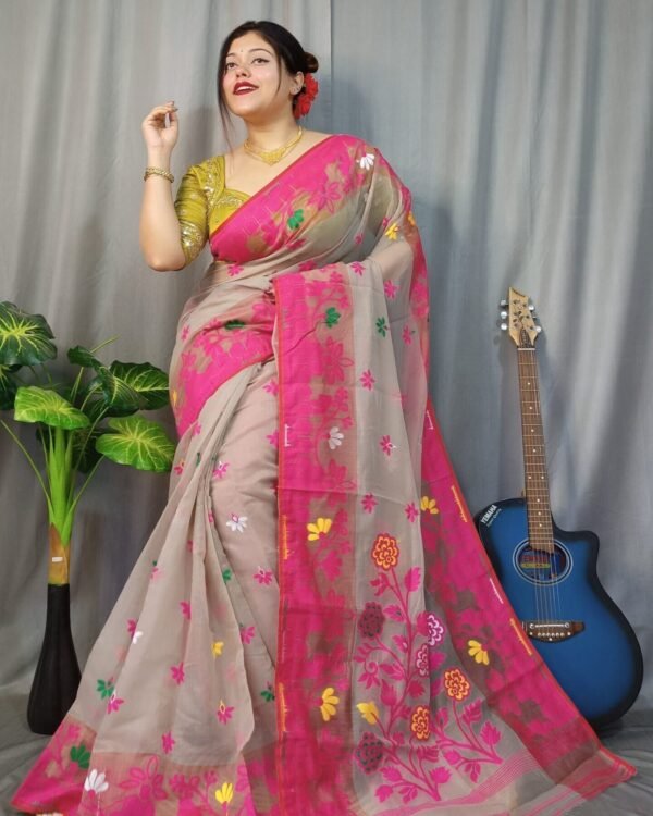 Marigold Soft Mushroom Dhakai Jamdani Saree