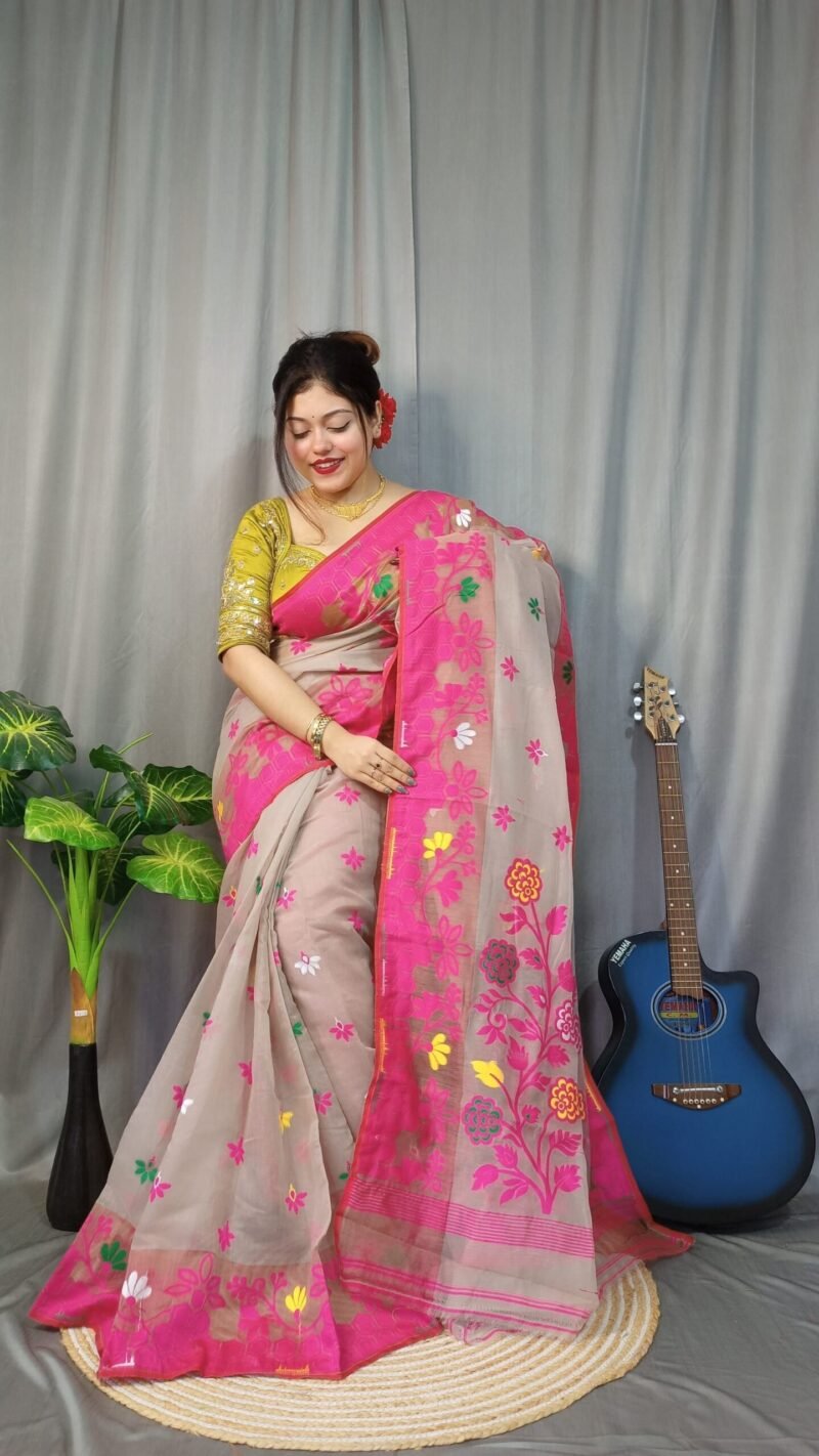 Marigold Soft Mushroom Dhakai Jamdani Saree - Image 3