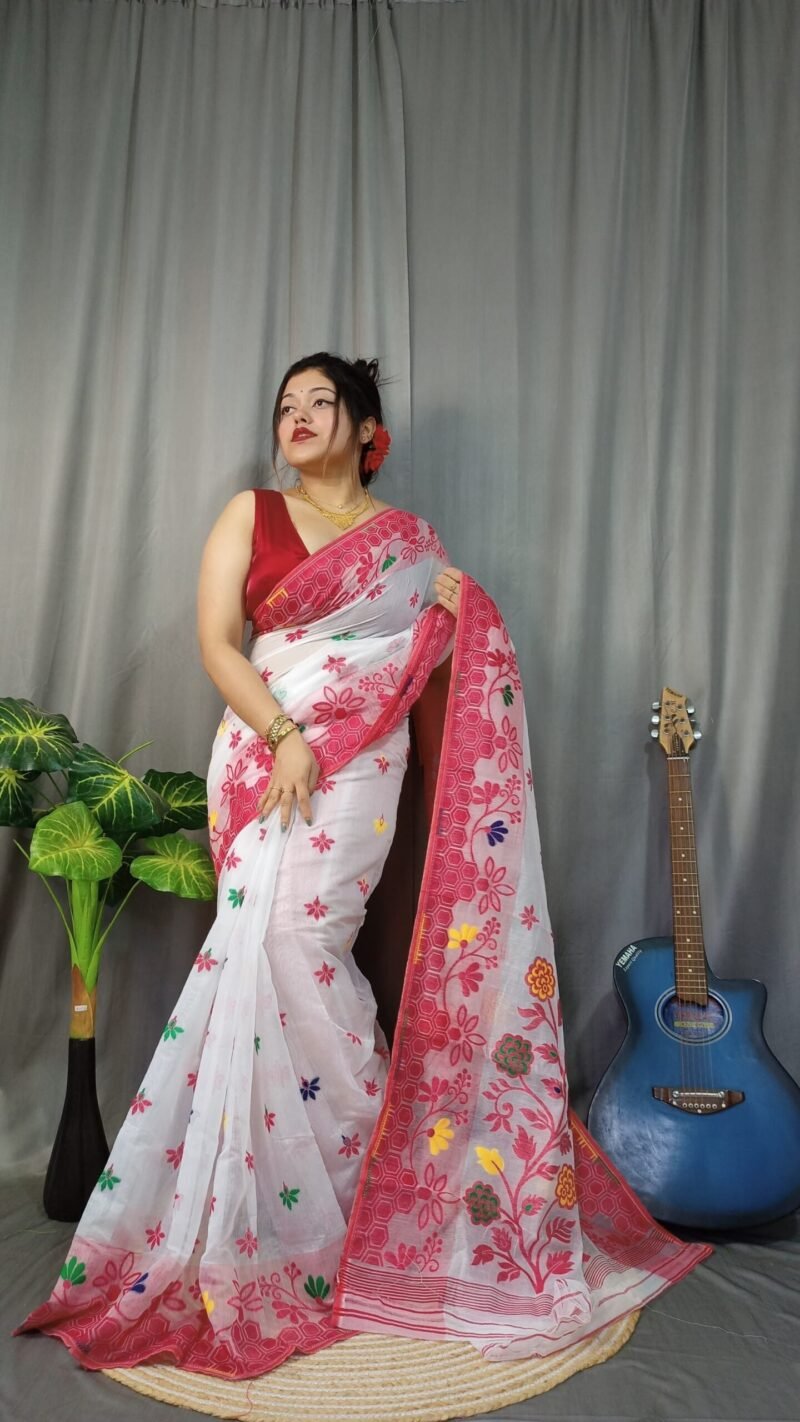 Marigold Soft White Dhakai Jamdani Sare - Image 3
