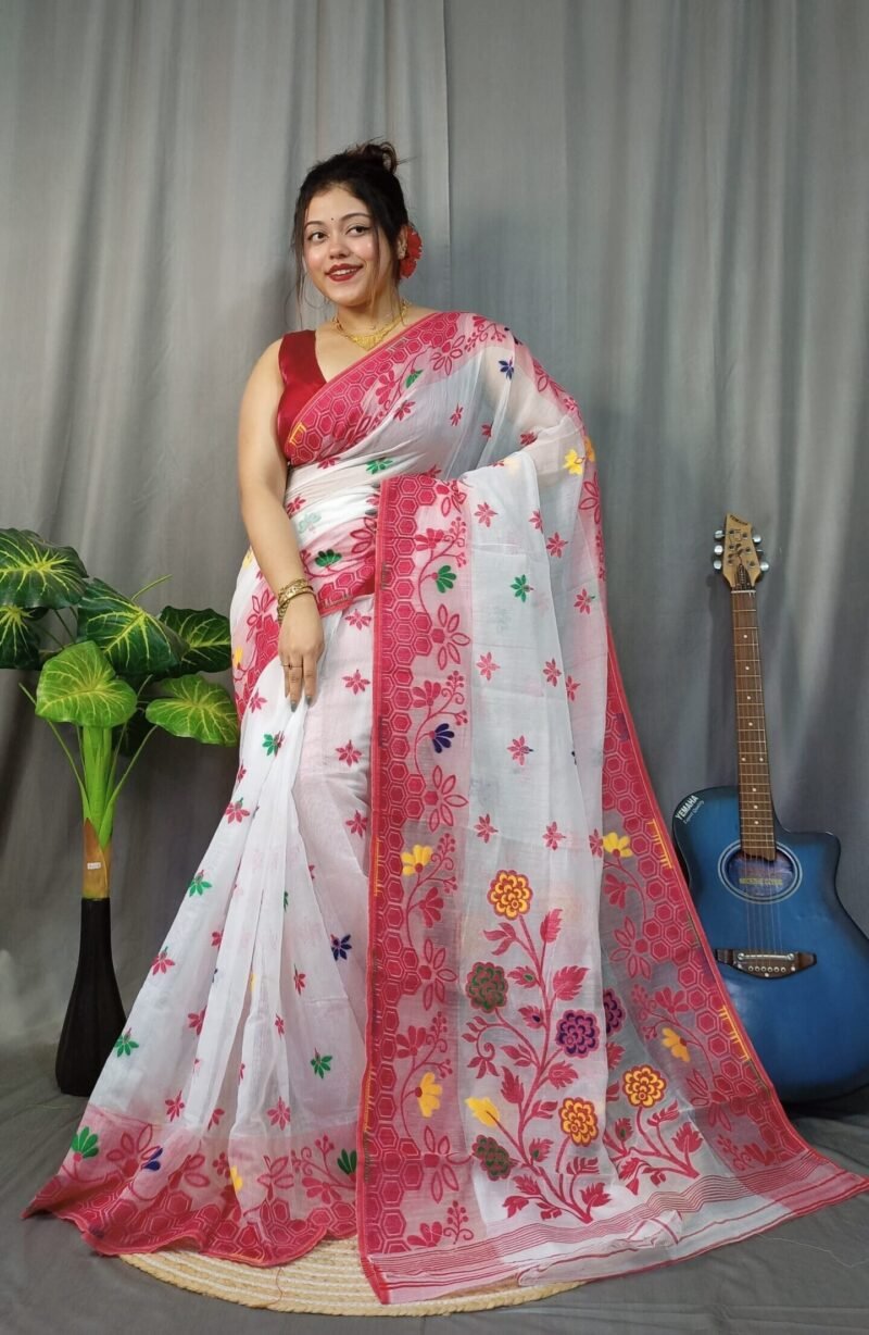 Marigold Soft White Dhakai Jamdani Sare