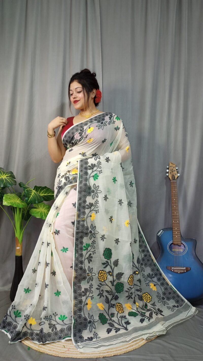 Marigold Soft White Dhakai Jamdani Saree - Image 3
