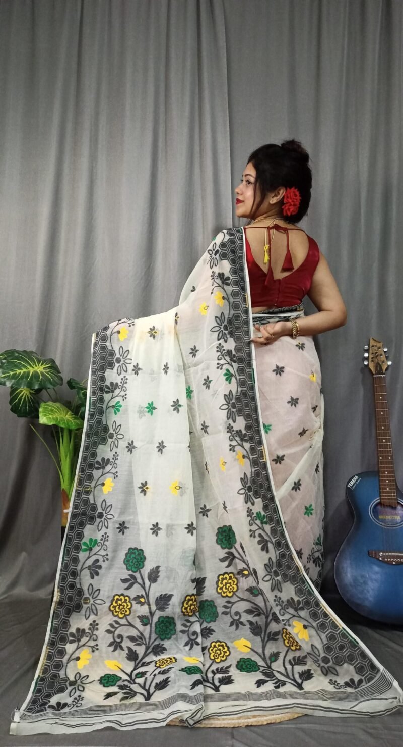 Marigold Soft White Dhakai Jamdani Saree - Image 2
