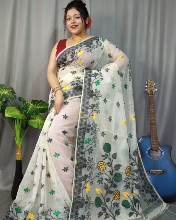 Marigold Soft White Dhakai Jamdani Saree