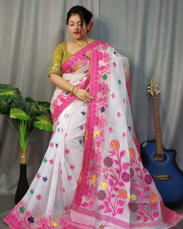 Marigold Soft White Dhakai Jamdani Sari