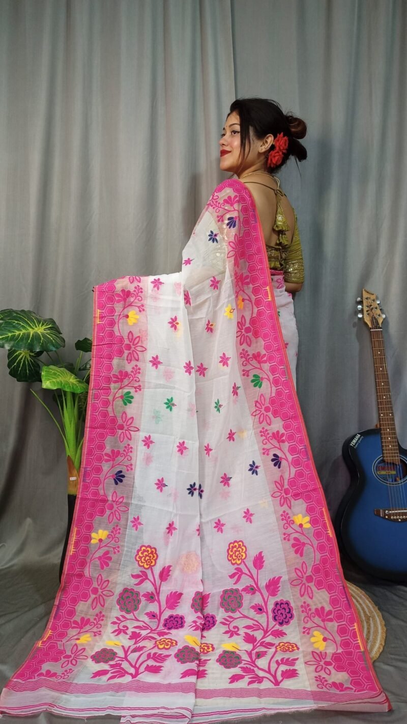 Marigold Soft White Dhakai Jamdani Sari - Image 2