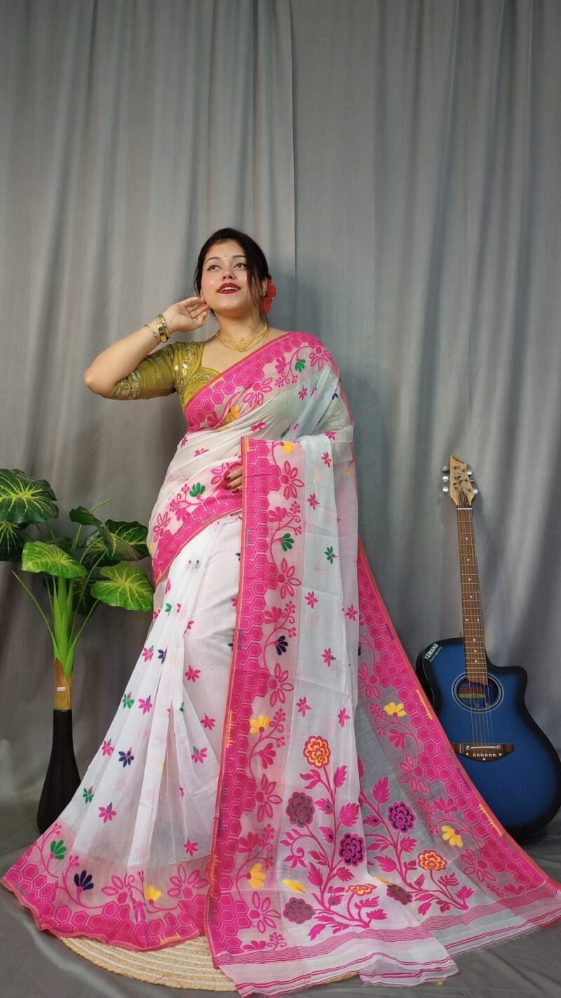 Marigold Soft White Dhakai Jamdani Sari - Image 3