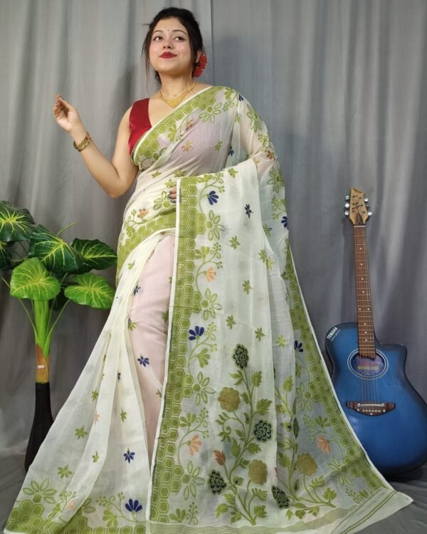 Marigold Soft White Rock Dhakai Jamdani Saree