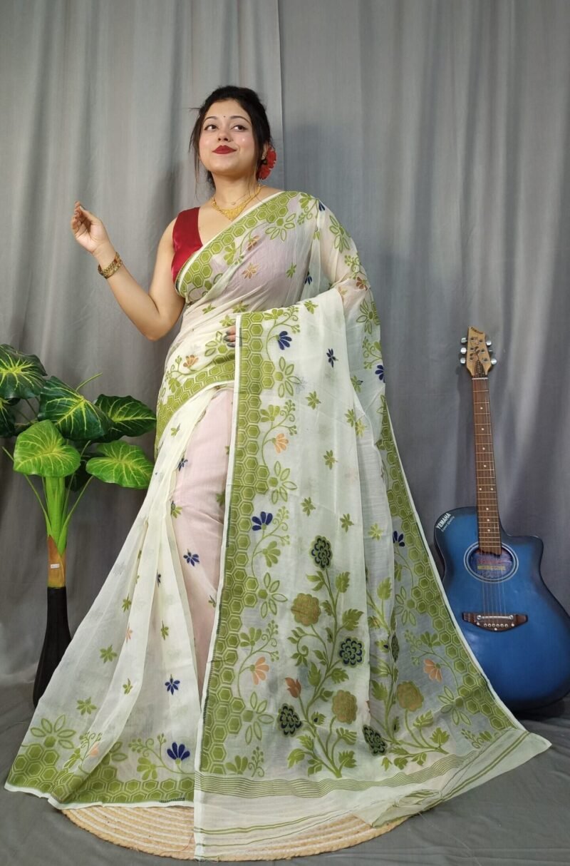 Marigold Soft White Rock Dhakai Jamdani Saree