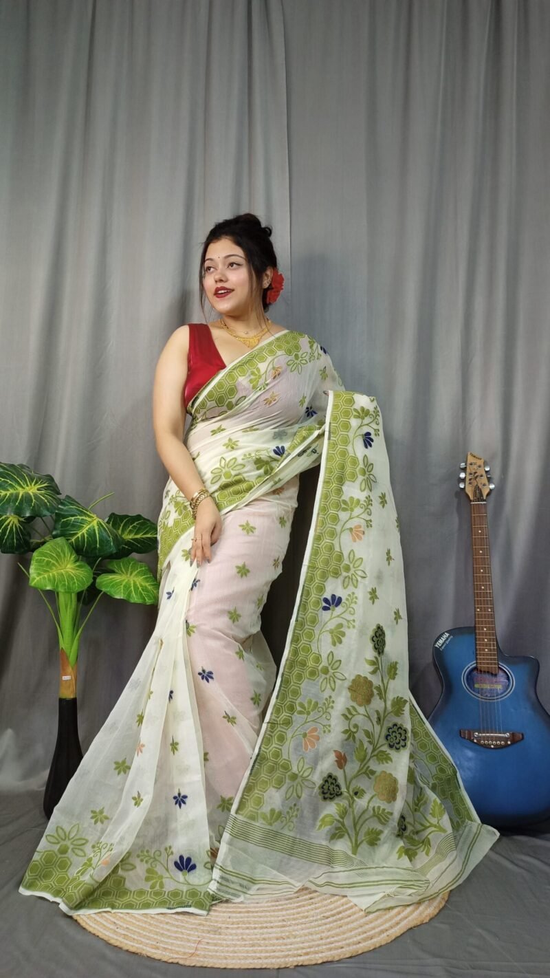 Marigold Soft White Rock Dhakai Jamdani Saree - Image 3