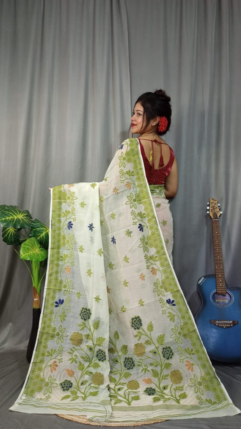 Marigold Soft White Rock Dhakai Jamdani Saree - Image 2