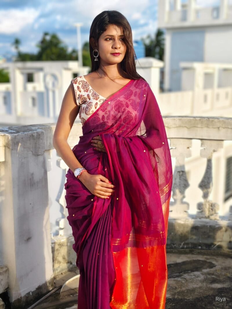 Maroon Soft Cotton Silk Sari With Blouse Piece