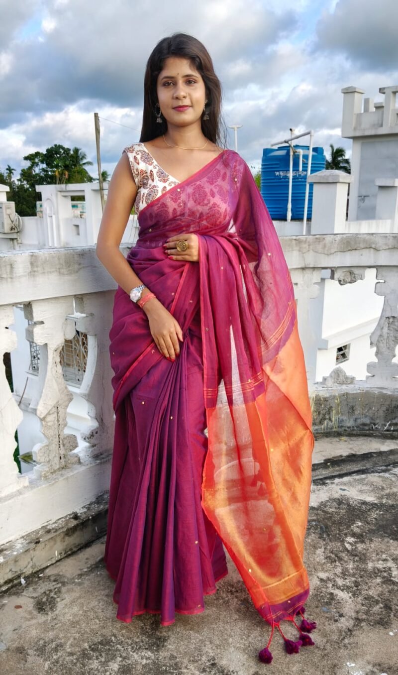 Maroon Soft Cotton Silk Sari With Blouse Piece