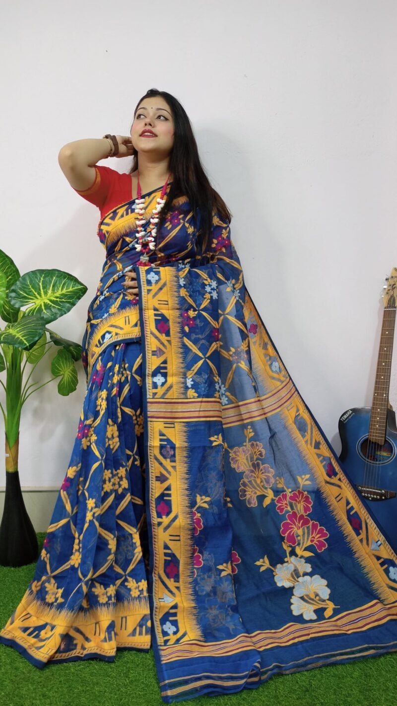 Nile Blue Lota Cross Jamdani Sari - Image 2
