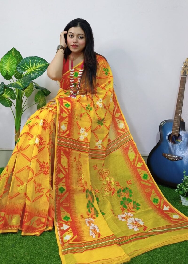 Old Gold Lota Cross Jamdani Sari