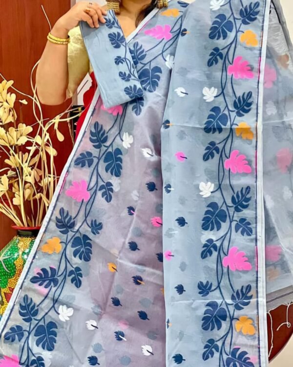 Pata Motif Soft Rock Blue Jamdani Saree