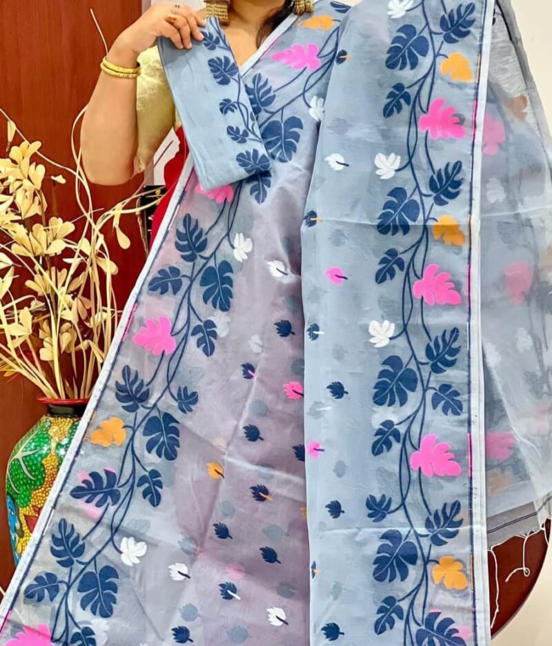 Pata Motif Soft Rock Blue Jamdani Saree