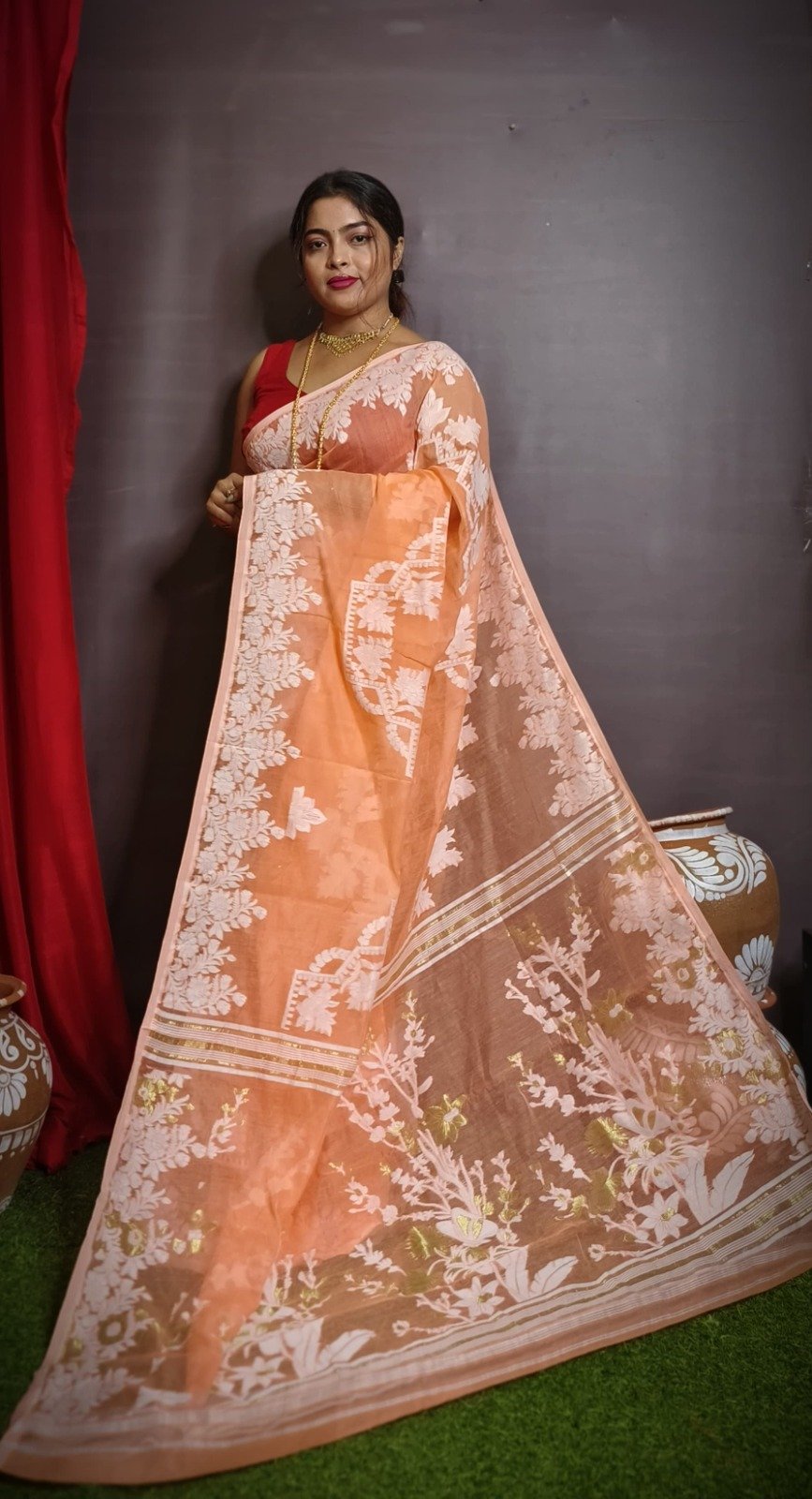 Persian Orange Soft Dhakai Jamdani Saree