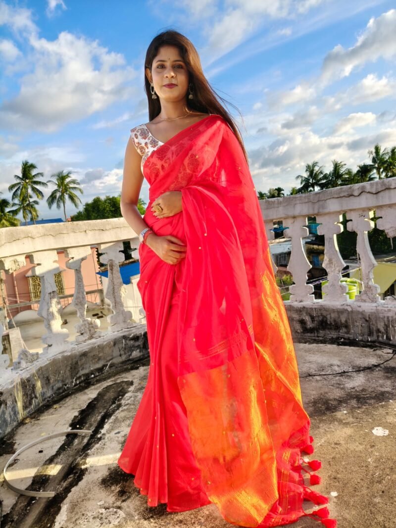 Red Ribbon Soft Cotton Silk Sari With Blouse Piece
