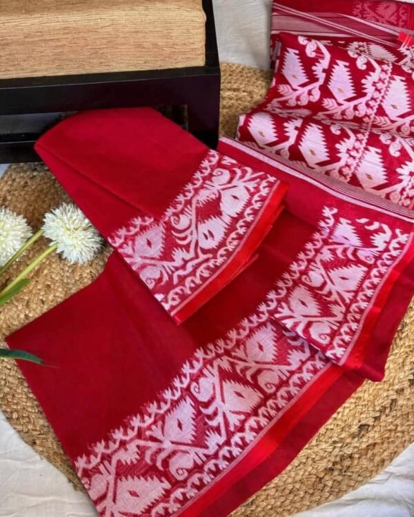 Red Soft Ikkat Korat Dhakai Jamdani Saree