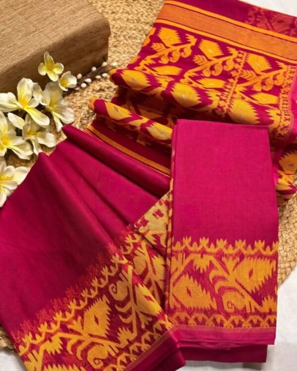 Red Yellow Soft Ikkat Korat Dhakai Jamdani Saree