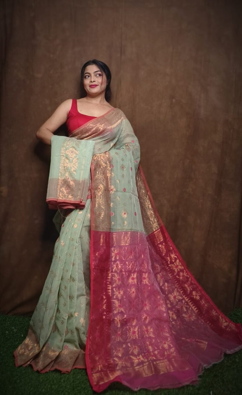 Sage Green Soft Copper Joriwork Dhakai Jamdani Saree - Image 2