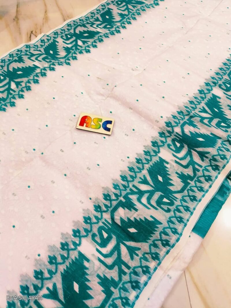 Shiuli Soft Almond Dark Aqua Jamdani Sare