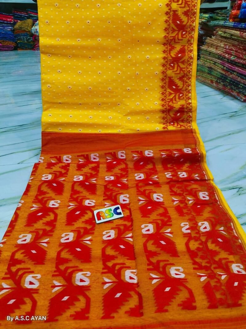 Shiuli Soft Yellow Red Jamdani Sare
