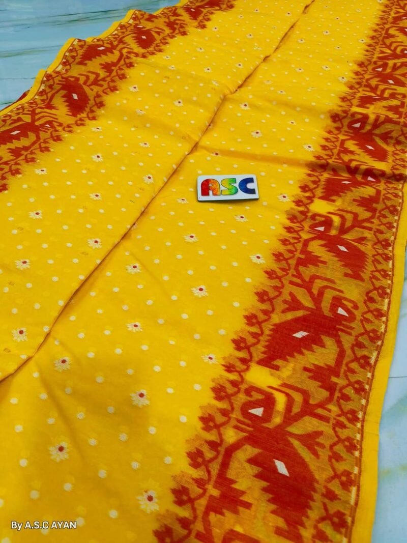 Shiuli Soft Yellow Red Jamdani Sare