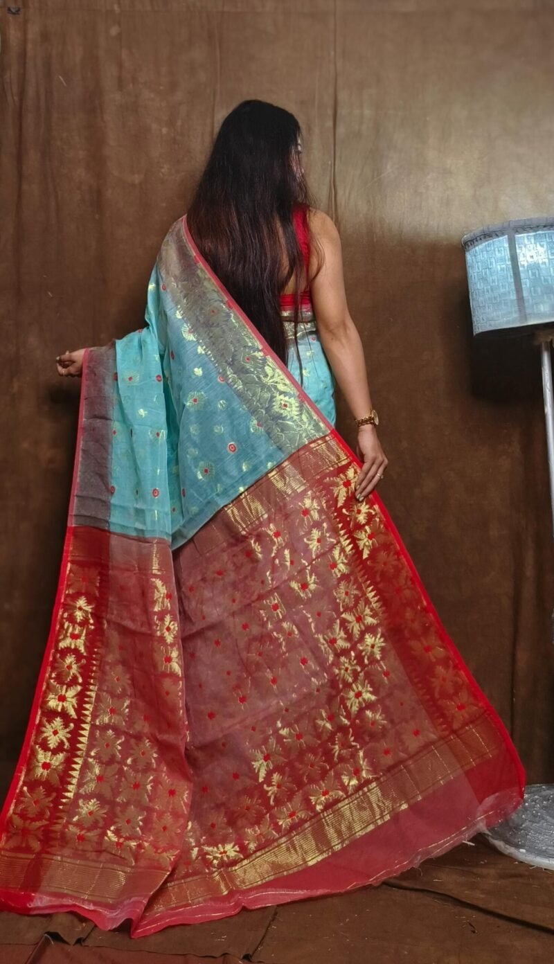 Sky Blue Soft Copper Joriwork Dhakai Jamdani Saree - Image 3
