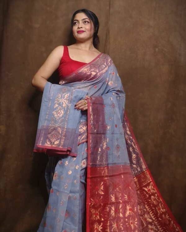 Slate Grey Soft Copper Joriwork Dhakai Jamdani Saree