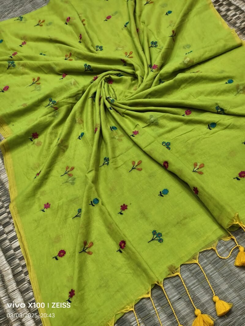 Sunflower Avocado Green Soft Handloom Cotton Silk Saree