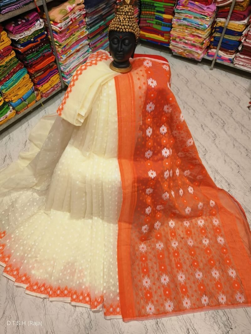 Vanilla Dusty Orange Soft Dhakai Jamdani Saree