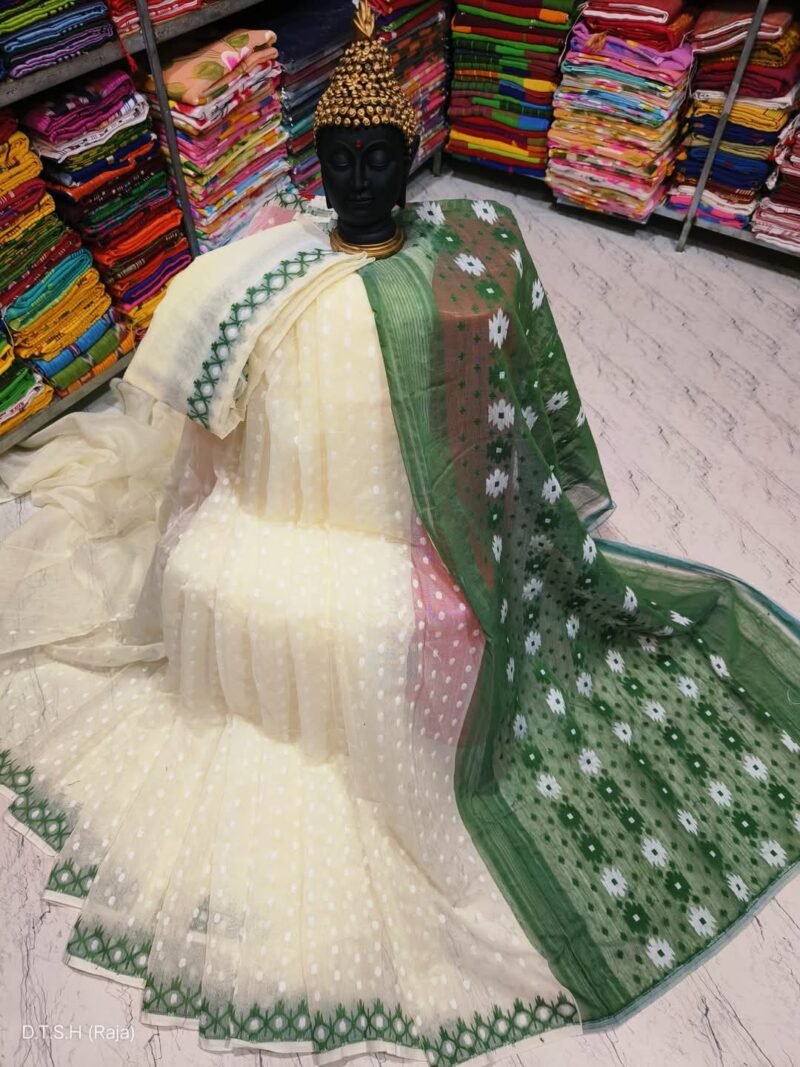 Vanilla Green Soft Dhakai Jamdani Saree
